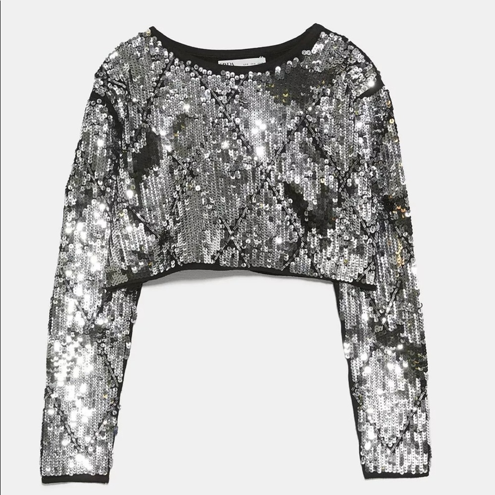 ZARA SILVER SEQUIN CROPPED SWEATER (sold) M